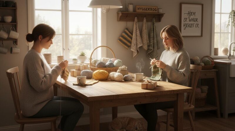 To kvinder strikker i køkkenet